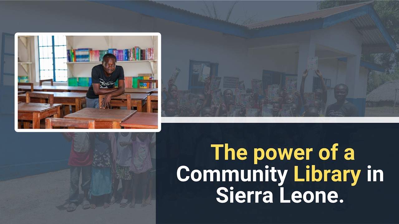 Umaru Kpaka inside the Mamboma Community Library in Sierra Leone.