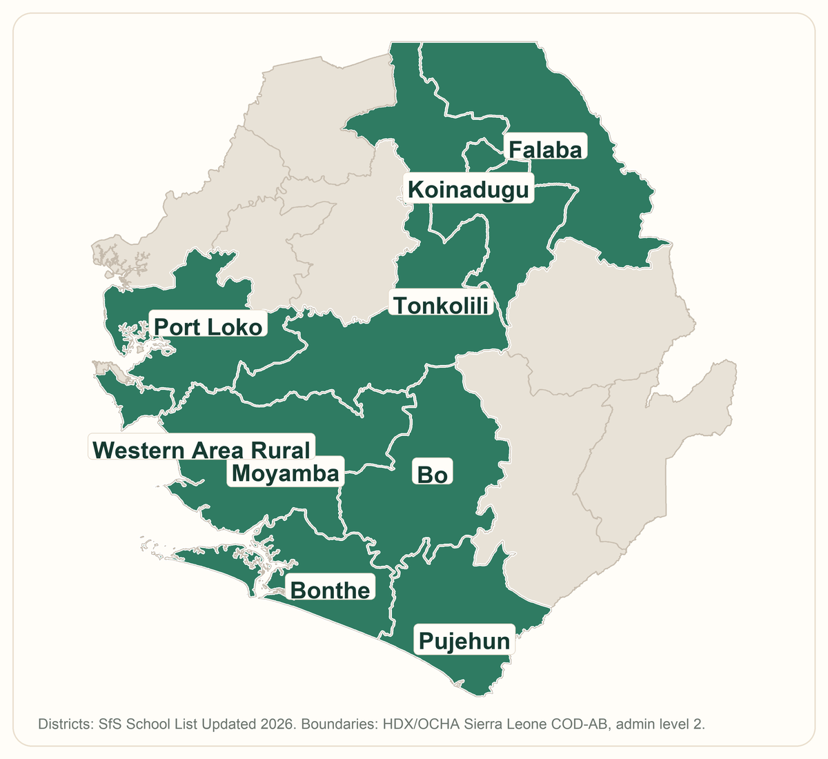 Map of Sierra Leone highlighting Schools for Salone districts: Bo, Bonthe, Falaba, Koinadugu, Moyamba, Port Loko, Pujehun, Tonkolili, and Western Area Rural.