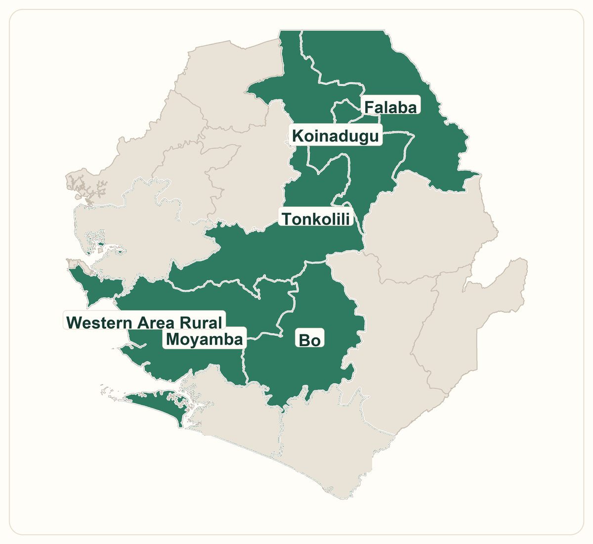 Map of Sierra Leone highlighting Schools for Salone work in Bo, Falaba, Koinadugu, Moyamba, Tonkolili, and Western Area Rural.